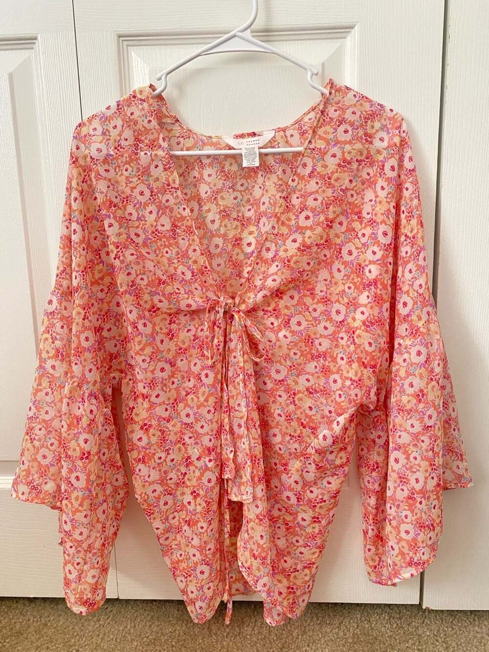 LC Lauren Conrad Floral Angel Sleeve Tie Front Chiffon Blouse